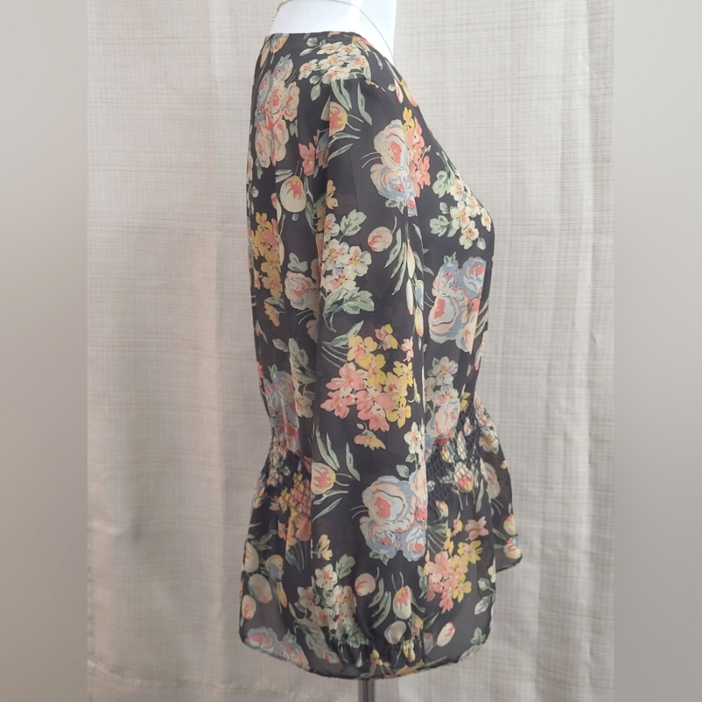 Chaps V Neck Floral Button Romantic Sheer Blouse Womens Medium Black Long Sleeve - Picture 4 of 8